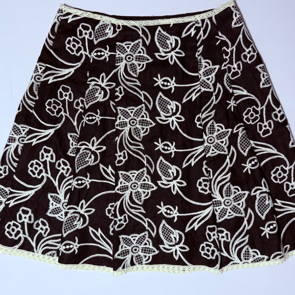S5A Saks Fifth Avenue Black Linen Embroidered Pleated A Line Skirt Lace Trim 16